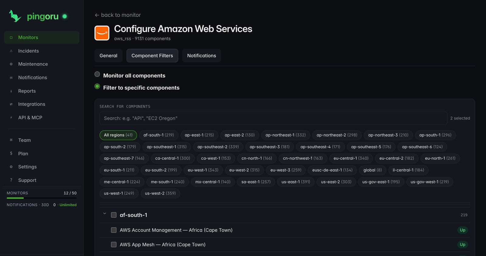 Choosing AWS components by region in Pingoru