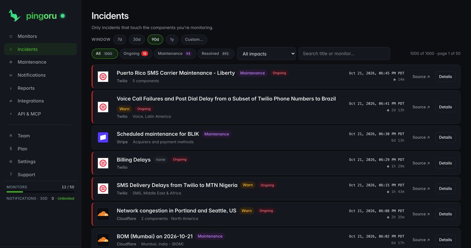 Pingoru incident timeline across several vendors