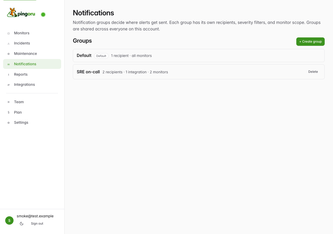 The /app/notifications page showing the Default group in a list, with 1 recipient and 'all monitors' scope.