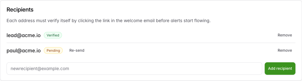 A recipients list showing one Verified recipient and one Pending recipient with a Re-send button.